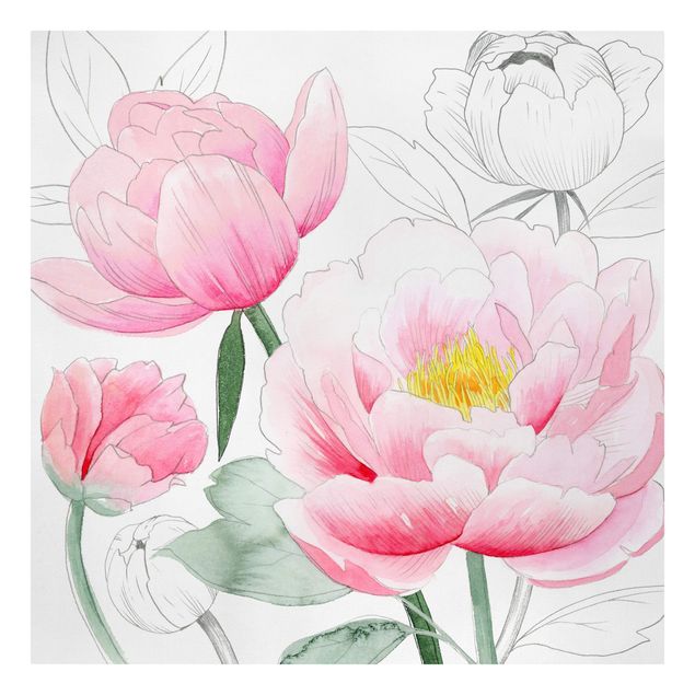 Print on canvas - Drawing Light Pink Peonies