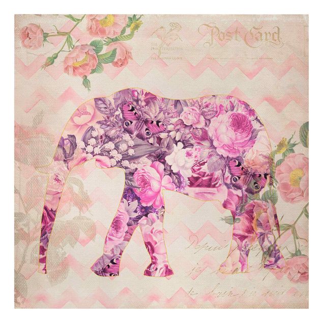 Print on canvas - Vintage Collage - Pink Flowers Elephant