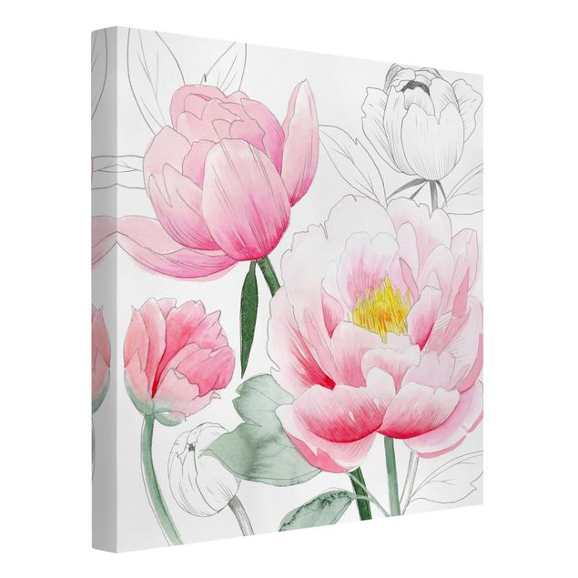 Print on canvas - Drawing Light Pink Peonies