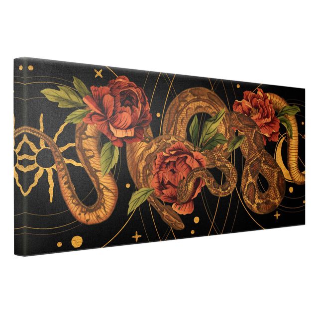 Canvas print gold - Snakes With Roses On Black And Gold I