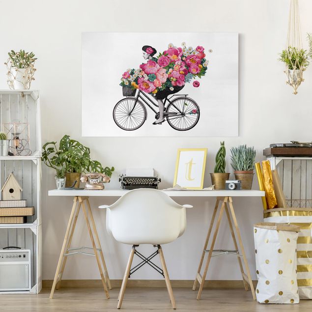 Canvas print - Illustration Woman On Bicycle Collage Colourful Flowers