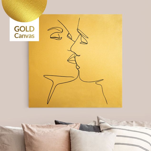 Canvas print gold - Line Art Kiss Faces Black And White