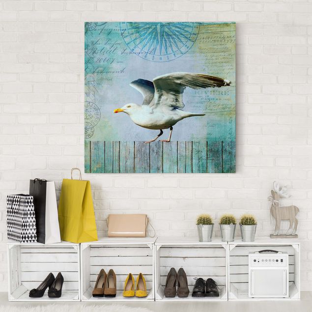 Print on canvas - Vintage Collage - Seagull On Wooden Planks
