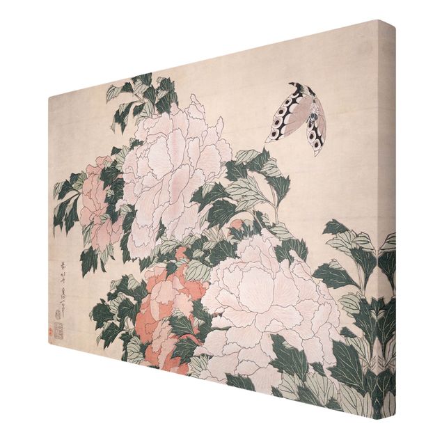 Print on canvas - Katsushika Hokusai - Pink Peonies With Butterfly