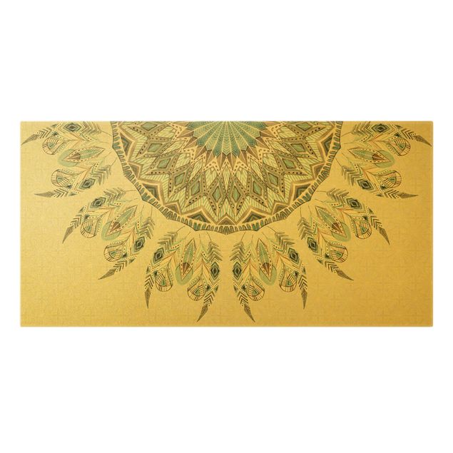 Canvas print gold - Mandala Watercolour Feathers Semicircle Blue Green