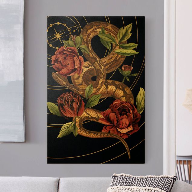Canvas print gold - Snake With Roses Black And Gold IV