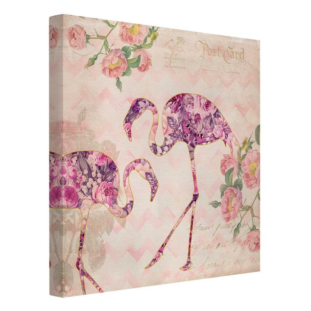 Print on canvas - Vintage Collage - Pink Flowers Flamingos
