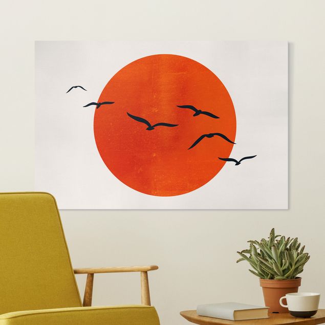 Print on canvas - Flock Of Birds In Front Of Red Sun I