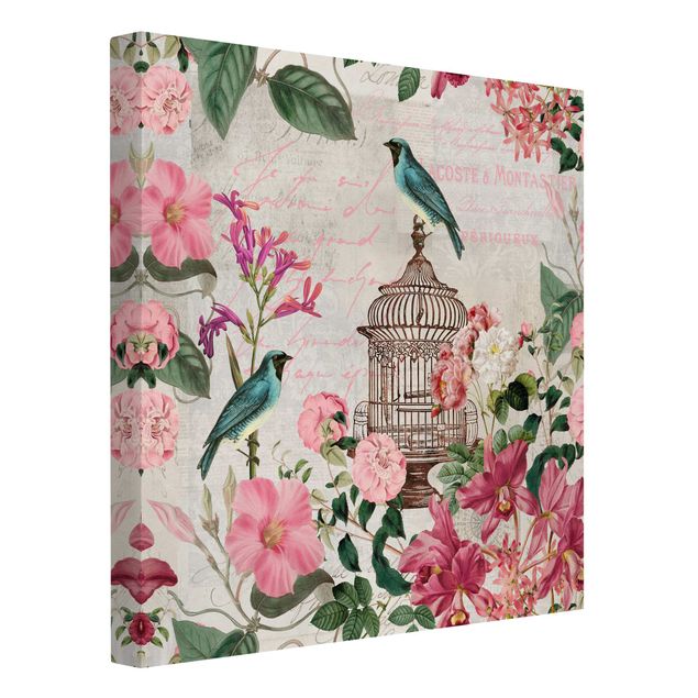 Print on canvas - Shabby Chic Collage - Pink Flowers And Blue Birds