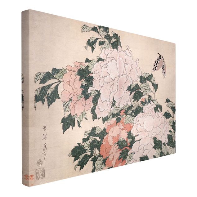 Print on canvas - Katsushika Hokusai - Pink Peonies With Butterfly