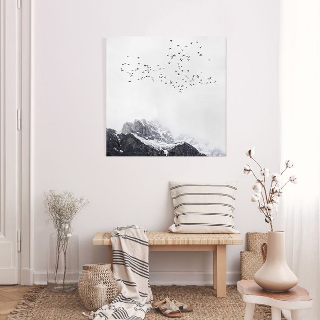 Print on canvas - Flock Of Birds In Front Of Mountains Black And White