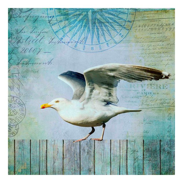 Print on canvas - Vintage Collage - Seagull On Wooden Planks