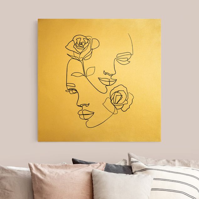 Canvas print gold - Line Art Faces Women Roses Black And White