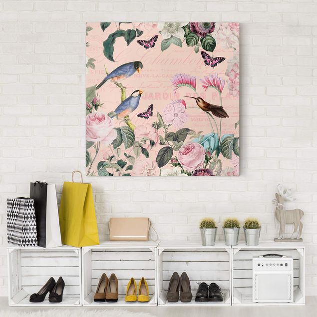 Print on canvas - Vintage Collage - Roses And Birds