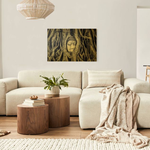 Canvas print gold - Buddha in Ayuttaya Framed By Tree Roots In Black And White