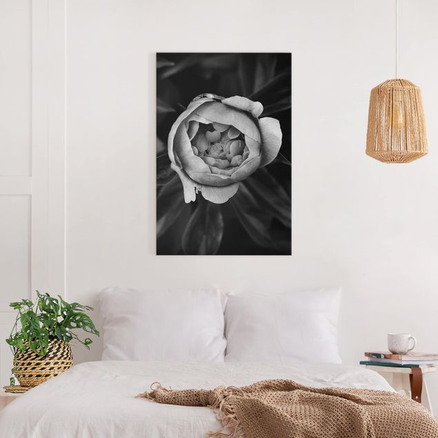 Canvas print - Peonies In Front Of Leaves Black And White