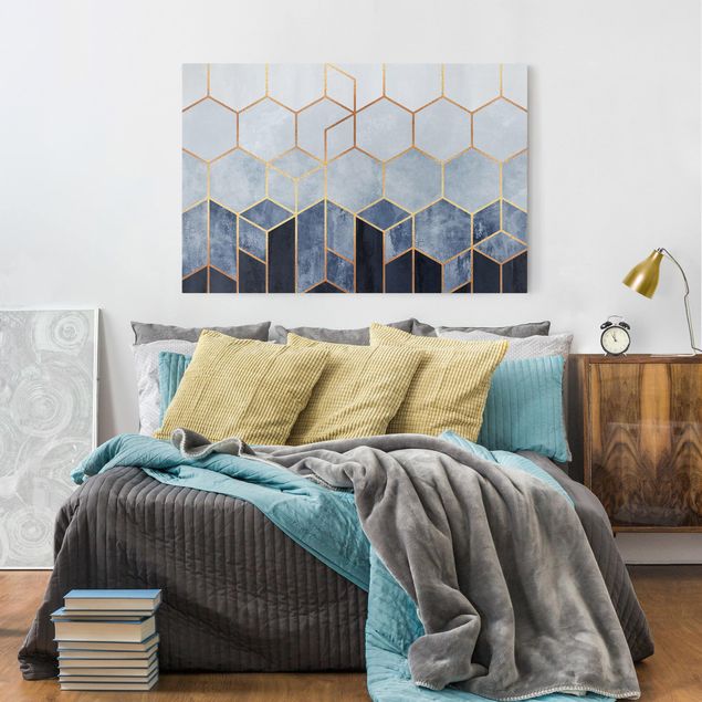 Canvas print - Golden Hexagons Blue White