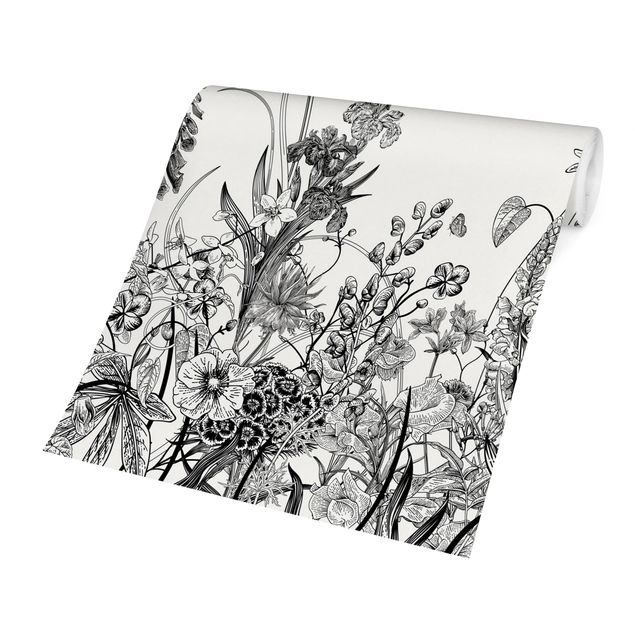 Wallpaper - Large Flowers With Butterflies In Black