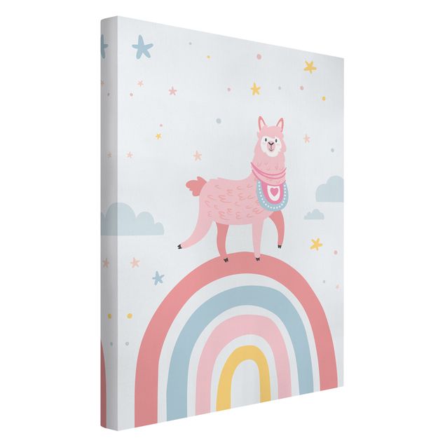 Canvas print - Lama On Rainbow With Stars And Dots