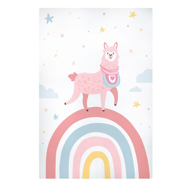Canvas print - Lama On Rainbow With Stars And Dots
