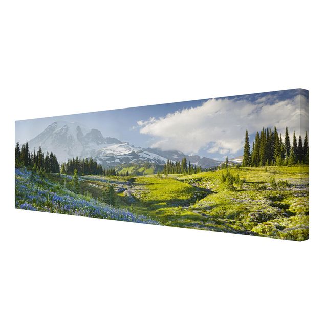 Print on canvas - Mountain Meadow With Blue Flowers in Front of Mt. Rainier