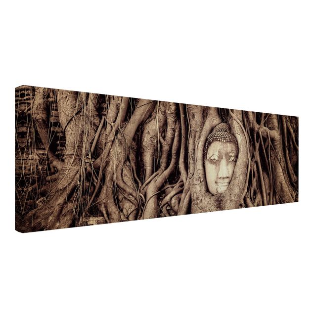 Print on canvas - Buddha In Ayutthaya Lined From Tree Roots In Black And White
