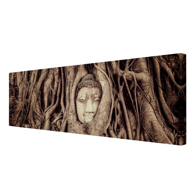 Print on canvas - Buddha In Ayutthaya Lined From Tree Roots In Black And White