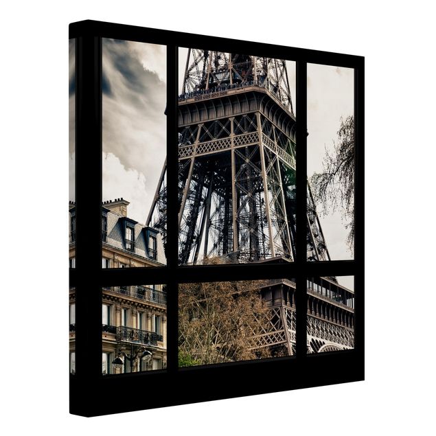 Print on canvas - Window view Paris - Near the Eiffel Tower black and white