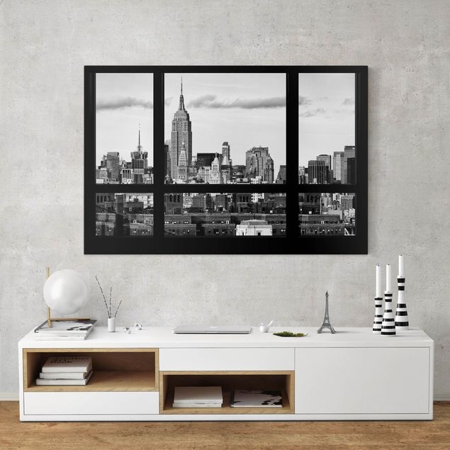 Print on canvas - Window Manhattan Skyline black-white