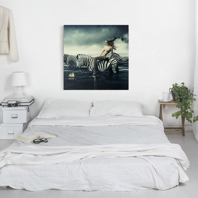 Print on canvas - Woman Posing With Zebras