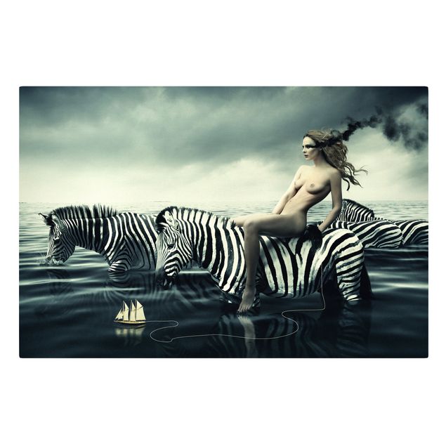 Print on canvas - Woman Posing With Zebras