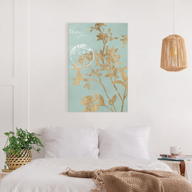 Print on canvas - Golden Leaves On Turquoise II