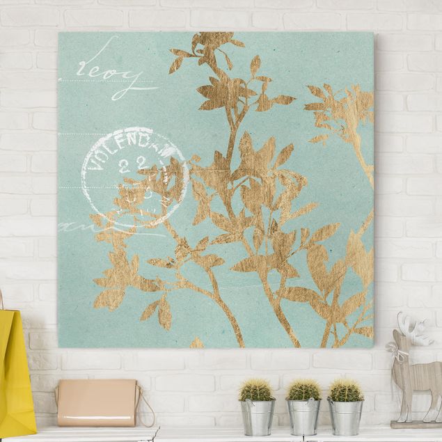 Print on canvas - Golden Leaves On Turquoise II