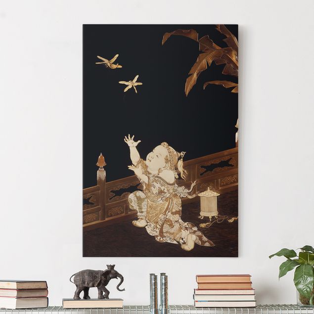 Print on canvas - Boy chasing two Dragonflies on a Veranda