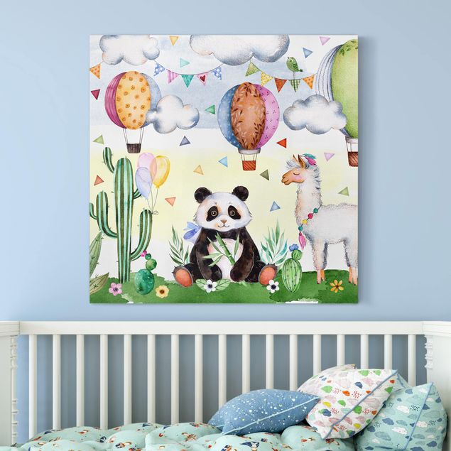 Print on canvas - Panda And Lama Watercolour