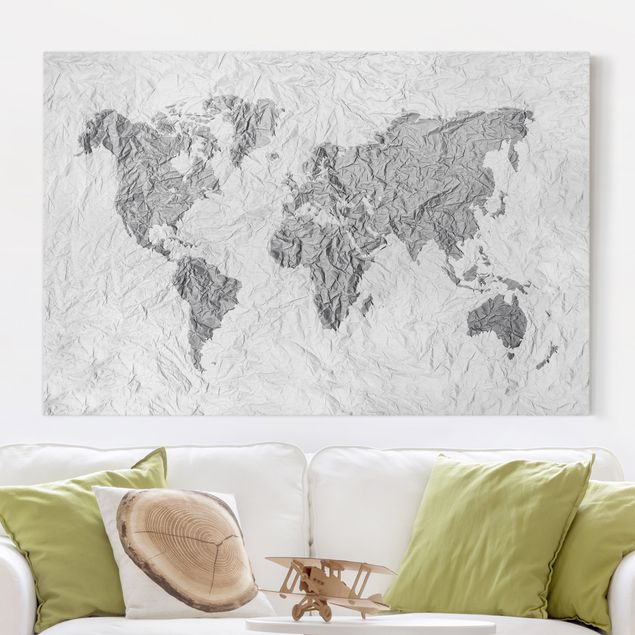 Print on canvas - Paper World Map White Grey