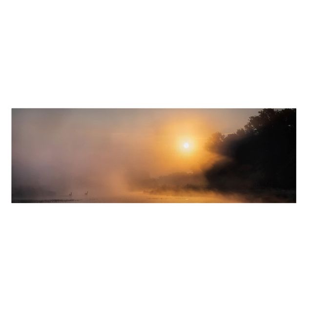 Print on canvas - Sunrise on the lake with deers in the fog