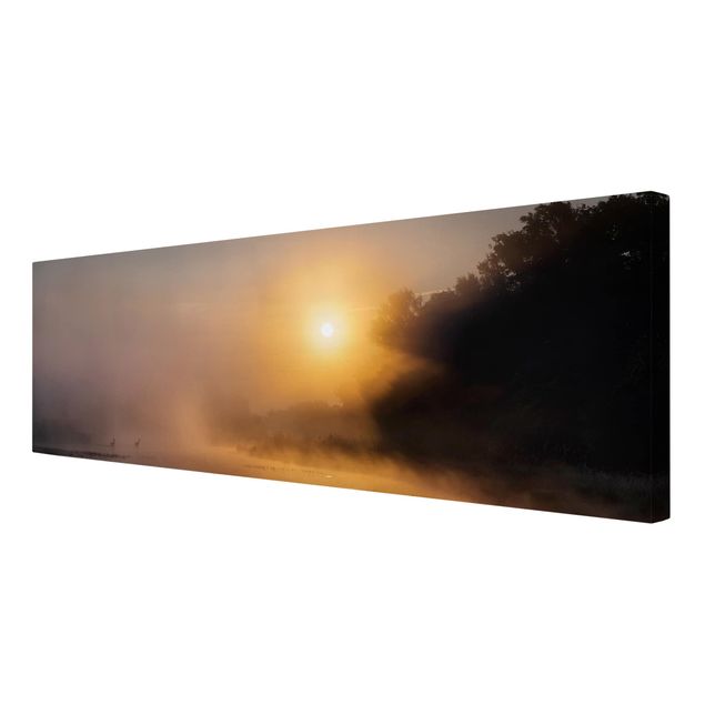 Print on canvas - Sunrise on the lake with deers in the fog