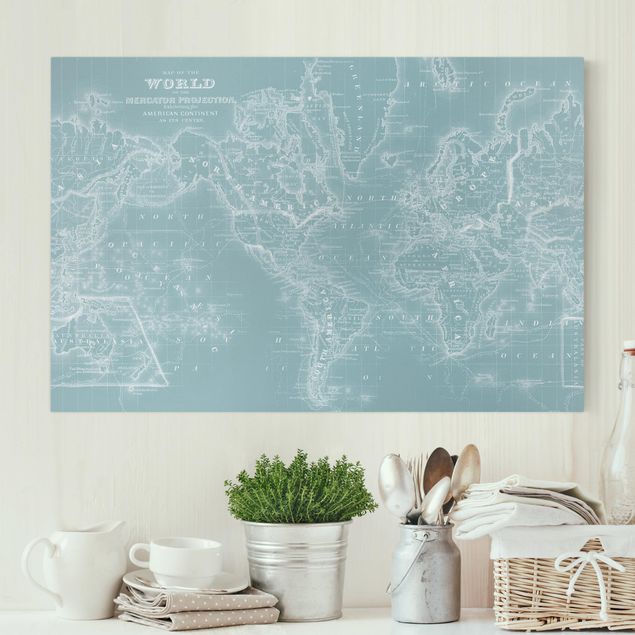 Print on canvas - World Map In Ice Blue