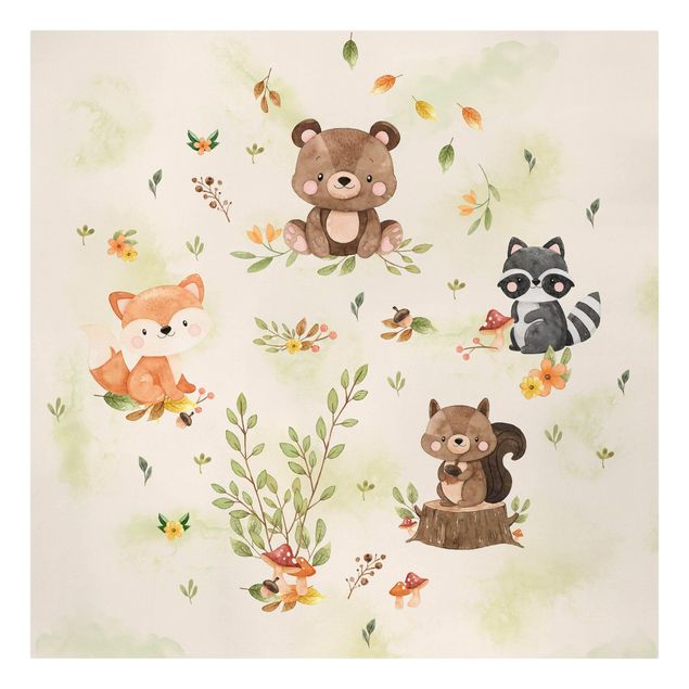 Print on canvas - Forest Animals Autumn Bear Squirrel Raccoon