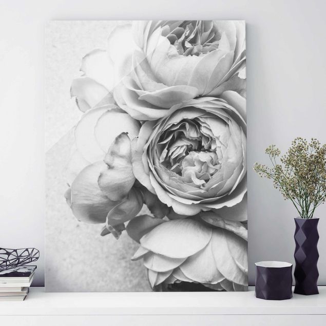 Glass print - Peony Flowers Black White