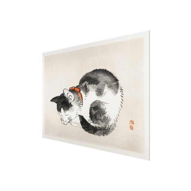 Glass print - Asian Vintage Drawing Sleeping Cat