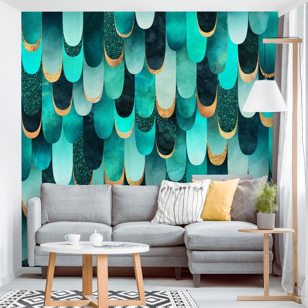 Wallpapers Feathers Gold Turquoise