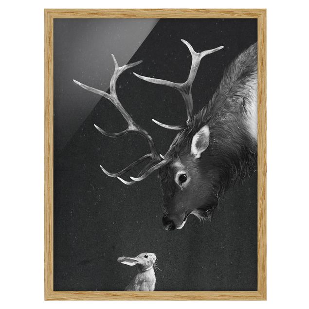 Framed poster - Illustration Deer And Rabbit Black And White Drawing