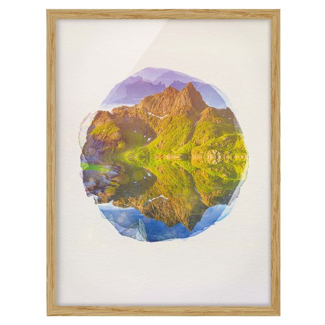 Framed poster - WaterColours - Mountain Landscape With Water Reflection In Norway