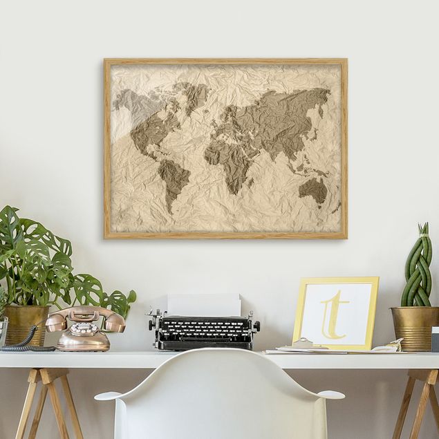 Framed poster - Paper World Map Beige Brown