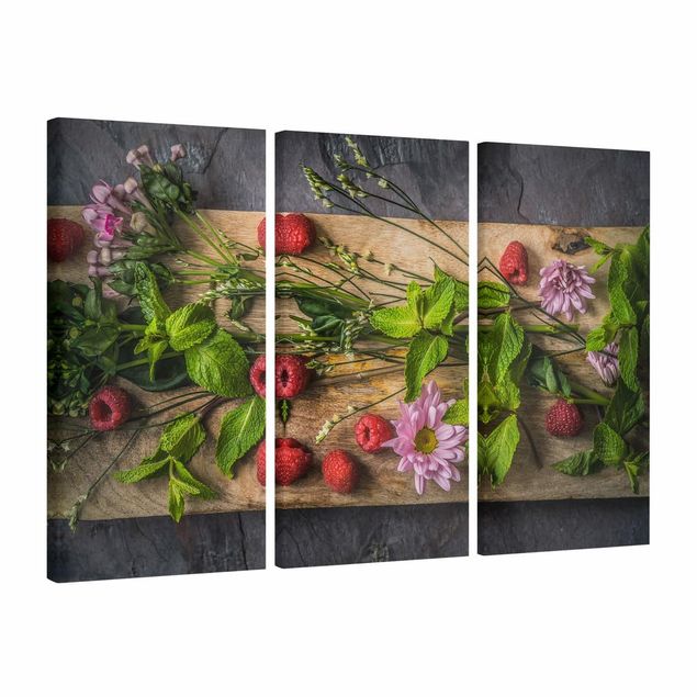 Print on canvas 3 parts - Flowers Raspberries Mint