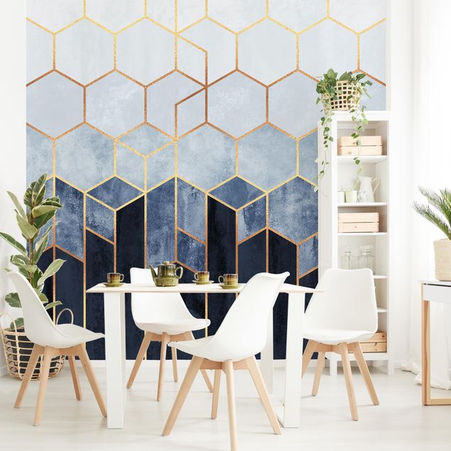 Wallpaper - Golden Hexagons Blue White