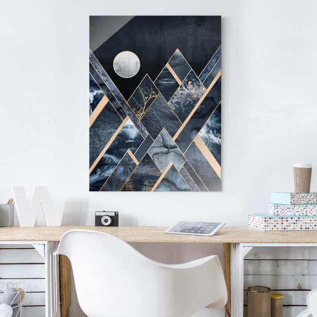 Glas Magnetboard Golden Moon Abstract Black Mountains