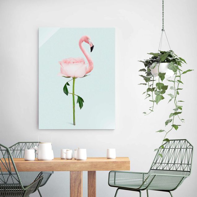 Glass print - Flamingo With Rose